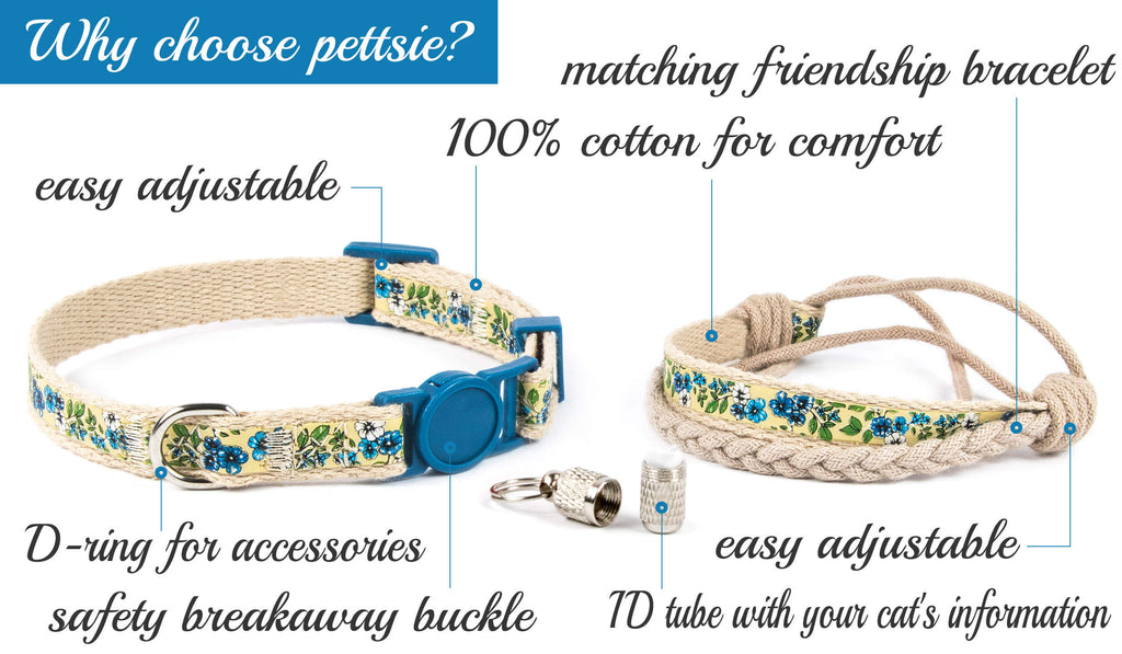 Pettsie Kitten Collar with Safety Breakaway Buckle Matching Friendship Bracelet and ID Tube in Eco Friendly Gift Box Size 5 inch 8 inch