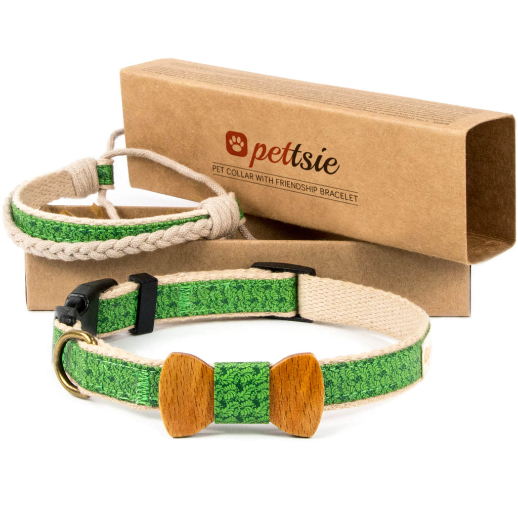 Green dog collar with wood bow tie and friendship bracelet Pettsie