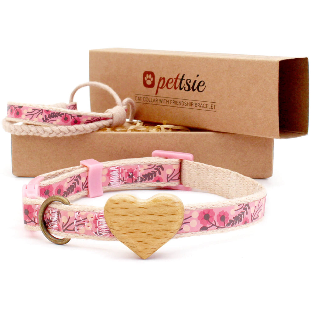 Pink cat collar with wood heart and matching friendship bracelet Pettsie